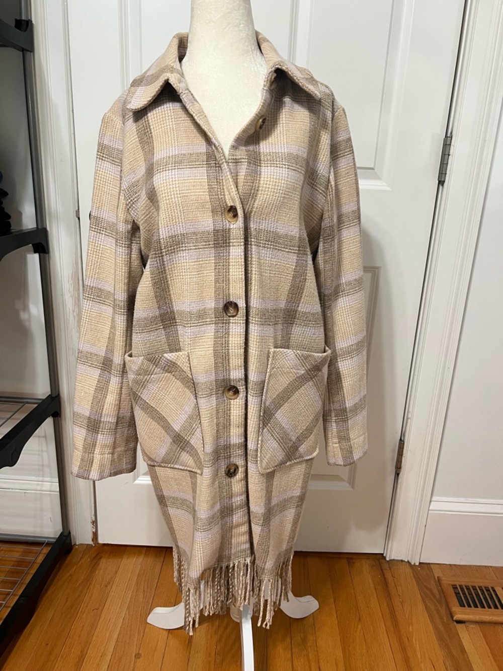 Beige Cream Plaid Fringe Coat